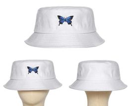 Panama with Butterfly Canvas Bucket Hat White Butterfly Embroidery Doublesided Wearable Basin Caps Outdoor Travel Visor Hat9395504