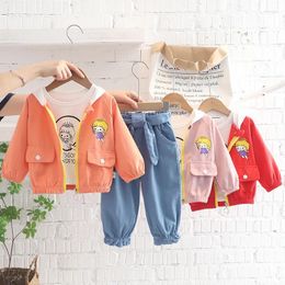 Clothing Sets 2024 Autumn Korean Girls 3PCS Clothes Set Cartoon Angel Hooded Jacket Long Sleeve T-shirts Casual Pants Infant Baby Girl Suit
