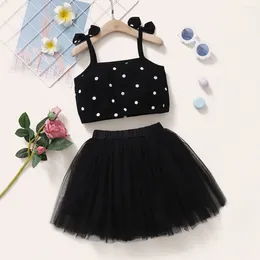 Clothing Sets Kid Boyclothing Bow Strap Dots Tops Black Chiffon Puffy Skirt Summer Party Fashion Set Suitable For Female Babies Aged 1-6