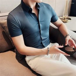 Men's Dress Shirts 5 Colours Top Quality Summer Luxury Short Sleeve Striped For Men Clothing Business Formal Wear Slim Fit Chemise Homme 4XL