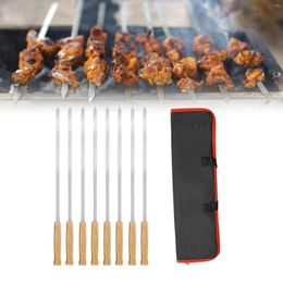 Tools 8Pcs Barbecue Skewers With Wooden Handle Stainless Steel Flat Long Shish Kebab For Chicken BBQ Meats Vegetables Seafood