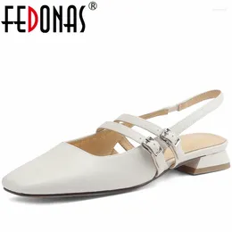 Sandals FEDONAS Basic Low Heels Women Square Toe Buckle Strap Slingback Pumps Mature Genuine Leather Office Working Shoes Woman