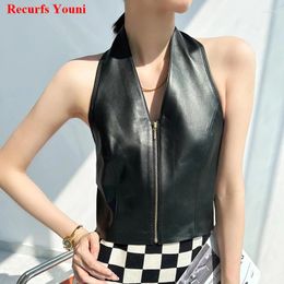 Women's Vests European American Ins Leather Corset Tops Women Sheepskin Neck Strap V-neck Backless Haut Femme Girl Halternecks Thin Vest