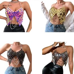 Women's Tanks Womens Metallic Sequins Halter Bras Metal Tassels Nightclub Body Chain Jewellery Sexy Backless Camisole