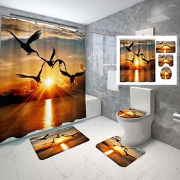 Shower Curtains Sunset Seagull Scene Curtain Set Non-Slip Rug Toilet Cover Bath Mat Waterproof Fabric Bathroom With Hooks