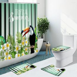 Shower Curtains 4Pcs Tropical Plant Curtain Toucan Flower Watercolor Green Leaves Bathroom Set Non-Slip Rugs Toilet Cover Bath Mat Carpet