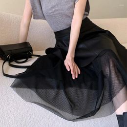 Skirts Spring OL Genuine Leather Midi Long Wrap Skirt Ladies Elegant Simple Dark Waist 2024 Yarn Fashion