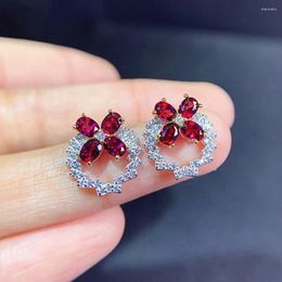 Stud Earrings Chic Cute Clover Red Crystal Ruby Gemstones Diamonds For Women Girl White Gold Silver Color Jewelry Accessories