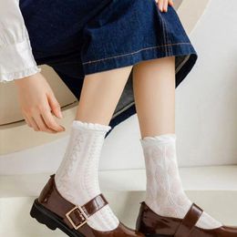 Women Socks 5pairs Japanese Cute Harajuku Lolita White Powder JK Girl Cherry Blossom Tube Ruffle Lovely Cotton For Girls