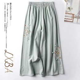 Women's Pants Cotton Linen Wide Leg Women Vintage Korean Style Trousers Oversized Embroidery Elastic Waisted Casual Loose Baggy