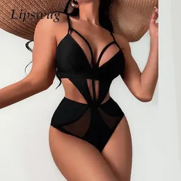 Women's Swimwear Sexy Hollow Out Gauze One-piece Swimsuit Women Low Cut Solid Colour Monokini Tankini Summer High Push Up Bathing Suit Bather