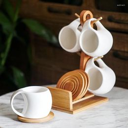 Teaware Sets Ceramic Coffee Cup Set Four-piece Creative And Saucer With Bamboo Frame Combination Mugs Kitchen Accessories