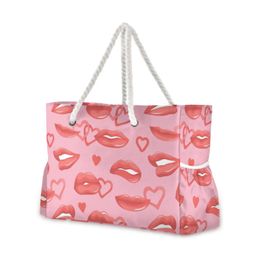 Ladies Beach Handbag Red Lips Heart Large Capacity Black Shoulder Shopping Bag Bohemia Female Casual 240424
