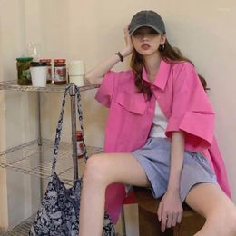 Women's Blouses Rose Pink Tooling Short Sleeve Shirt Blouse Korean Style Ladies Tops And 2024 Fashion Clothing Spring Summer