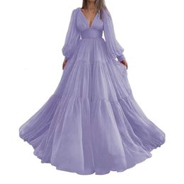 Long Sleeve Tulle Prom for Women Ball Gown prom Dresses V Neck Formal Evening Gowns Lavender Size 16 prom AMZ