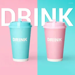 Disposable Cups Straws 50pcs Valentine's Day Party Pink Blue Drinking Cup 500ml 16oz Couple Milk Tea Coffee Packaging With Lids