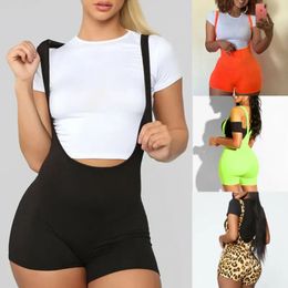 Women Stretch Straps Short Overalss Romper Leopard Printed Short Trousers Overalls High Waist Romper Shorts Summer 240514