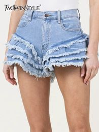 TWOTWINSTYLE Patchwork Raw Hem Short Pants For Women High Waist Solid Streetwear Denim Shorts Female Summer Clothing Fashion 240514