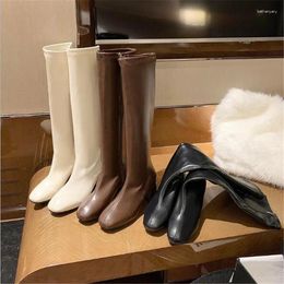 Boots 2024 Winter Leather Women Knee High Motorcycle Square Toe Zip Footwear Low Heels Female Riding Boot Woman Long