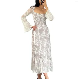Casual Dresses Women Fairycore White Lace Dress Y2k Clothes Square Neck Tie Up Flared Long Sleeve A Line Going Out Party