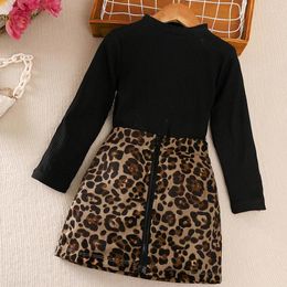 Clothing Sets Autumn Girls Outfit 2-6 Years Girls' Black Knitted Long Sleeve Top Leopard Zipper Skirt Korean Style Casual Vacation Suits