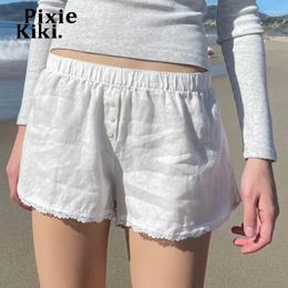 Women's Shorts PixieKiki Y2k Baggy Cottom Linen White Lace Trim Elastic Waist Loose Casual Short Pants Women Summer Bottoms P84-BC13