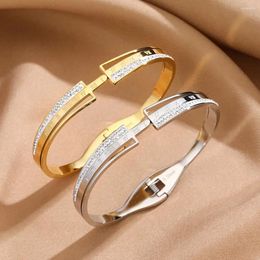 Bangle Stainless Steel Bangles For Women Engraved Roman Numerals Rhinestone Gold Plated Open Cuff Bracelets Fashion Women's Jewelry