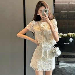 Work Dresses Summer Y2k Apricot Small Fragrance Wind Fashion Two-Piece Set Women Elegant Relief Cardigan Tops Empire Waist Mini Skirt Suits