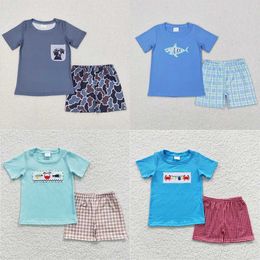 Clothing Sets Wholesale baby boys summer clothing pockets Grey blue short sleeved cotton shirts farm life shorts childrens sets fashion d240514