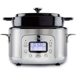 5 Quart 7-in-1 Electric Slow Cooker - 1200W Stainless Steel and Cast Iron Construction - Black Enamel Crock Pot for Easy Cooking and Cleaning