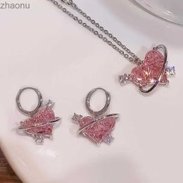 Earrings Necklace New Fashion Earrings Necklace Set for Womens Heart shaped Zircon Pink Crystal Pendant Necklace for Womens Jewellery Exquisite Gifts XW