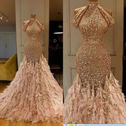 Newest Glitter Mermaid Evening Dresses Champagne Feather Sequins High Neck Lace Formal Party Gowns Custom Made Long Prom Dresses 3048