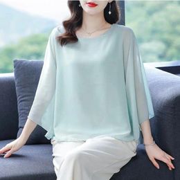 Women's Blouses 2024 Summer O-Neck Patchwork Fashion Solid Color Batwing Sleeve Office Lady Casual Blouse Short Sleeved Shirts