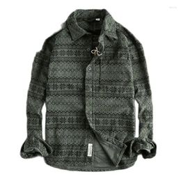 Hunting Jackets Retro Totem Printed Washed Corduroy Long Sleeve Shirt Men Simple Pocket American Casual Trend Thin Coat