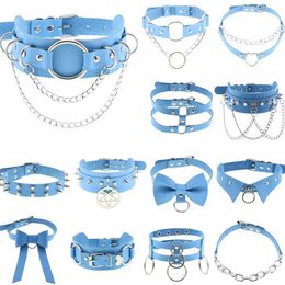Chokers DIEZI Harajuku Vintage Gothic Sky Blue PU Leather Necklace Womens Sexy Role Playing Gothic Chian Necklace Statement Necklace Jewellery d240514