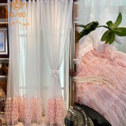 Curtain Customised Princess Style Pink Lace Poncho Window Gauze White Curtains For Living Room Bedroom French Balcony