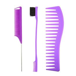Hairdressing Comb Purple Set Double Headed Eyebrow Brush Dyeing Steel Needle Pointed Tail Comb Styling Tool Set of 3