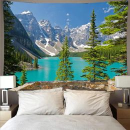 Tapestries Mountain Forest Lake Tapestry Natural Scenery Wall Hanging Art Thin Polyester Ceiling Blanket Home Decor