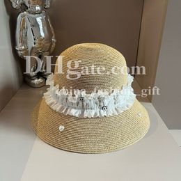 Women Straw Hat Luxury Pearl Mesh Sweet Hat Summer Vacation Bucket Hat Beach Sunshade Hat Breathable Straw Hat