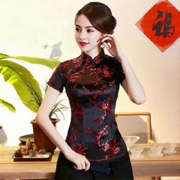 Ethnic Clothing Women Qipao Tops Floral Print Traditional Chinese Stand Collar Short Sleeve Blouse Year Cheongsam Clothes