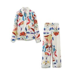 Taop Za Spring Product Womens Fashion Casual Polo Collar Long Sleeve Printed Poplin Shirt Wide Leg Pants Set 240514
