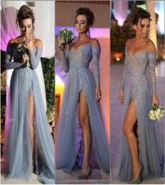 OffShoulder Sexy Beaded Prom Dresses with Long Sleeve Appliques Sequined Sparkle Evening Gowns Side Split Elegant Grey Formal Dre8733043