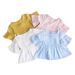 Barnskjortor Flaer Sleeve Spring/Summer Baby Girl Shirt Top Casual Cotton Childrens T-shirtl2405