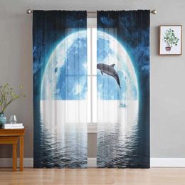 Curtain Sea View Dolphin Moon Ripple Landscape Night Sheer Curtains For Living Room Decor Window Kitchen Tulle Voile