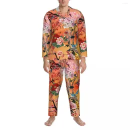 Home Clothing Vintage Birds Pyjamas Man Retro Floral Print Soft Bedroom Nightwear Autumn 2 Piece Casual Oversized Custom Pyjama Set