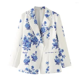 Women's Suits 2024 Summer Product Fashion Versatile One Button Long Sleeved Blue And White Porcelain Printed Slim Fit Suit Coat