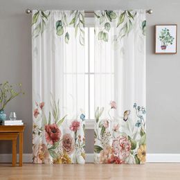 Curtain Spring Flower Rose Leaf Watercolor Sheer Curtains For Living Room Decoration Window Kitchen Tulle Voile