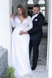 2020 Cheap Plus Size A Line Wedding Dresses V Neck Full Lace Appliques Long Sleeves Hollow Back Illusion Floor Lenth Formal Bridal Gowns
