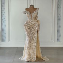 Elegant Champagne Mermaid Prom Dresses Sleeveless V Neck Beaded Appliques Sequins Pearls Floor Length Side Slit Lace Evening Formal Dre 288z
