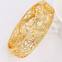 Bangles Thick Dragon Phoenix Womens Bangle Yellow Gold Filled Wedding Fashion Openable Bangle Bracelet Dia 6cm